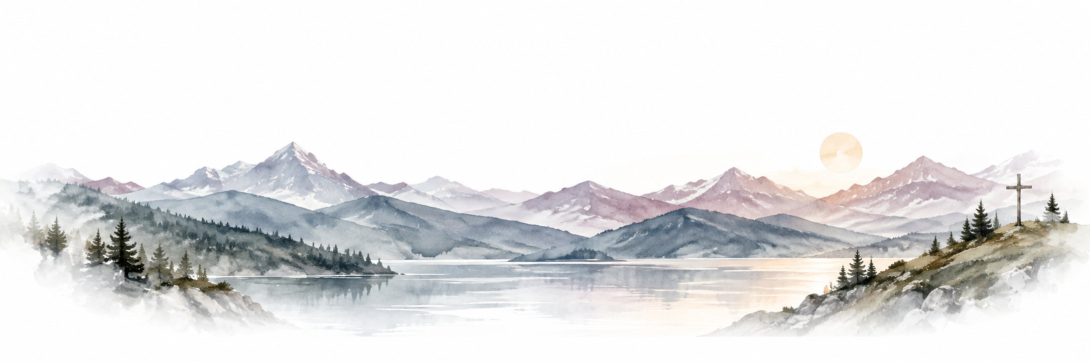 A cross beside a lake and quiet mountain ridges
